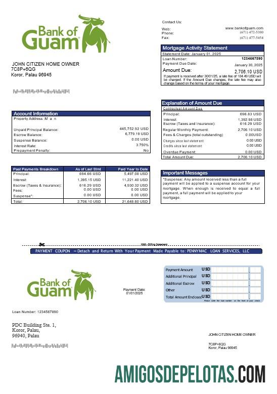 Extrato de hipoteca do Palau Guamanian Bank em formatos Word e PDF amostra