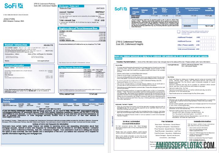 Extrato de hipoteca do Sofi Bank dos EUA em formatos Word e PDF, 3 páginas modelo
