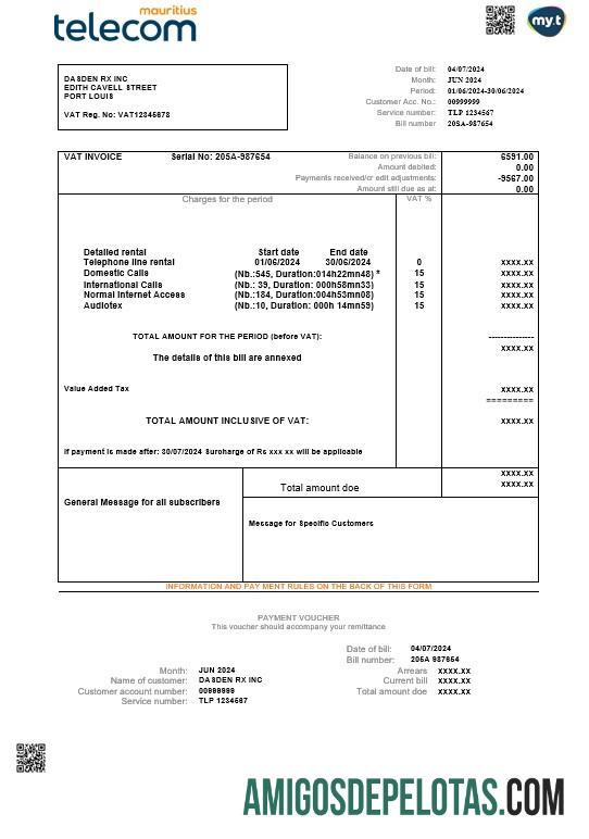 Em branco modelo de conta de serviços públicos de negócios de Maurício Telecom Maurício no Word