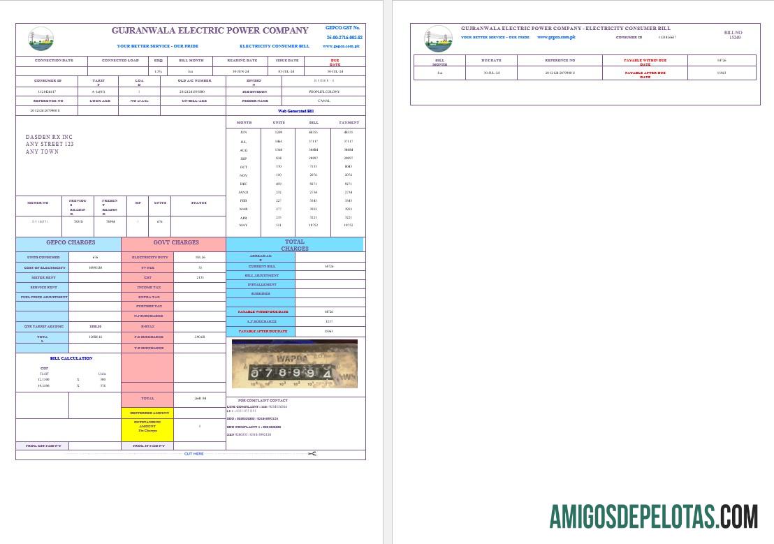 PAQUISTÃO GUJRANWALA ELECTRICPOWER Business Utility Bill Palavra e amostra