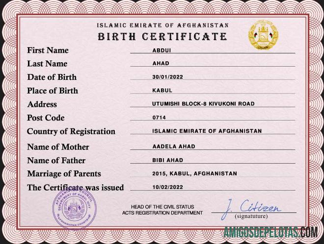 Certidão de nascimento de registro vital do Afeganistão PSD exemplo