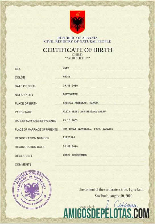 Em branco modelo PSD de certidão de nascimento da Albânia