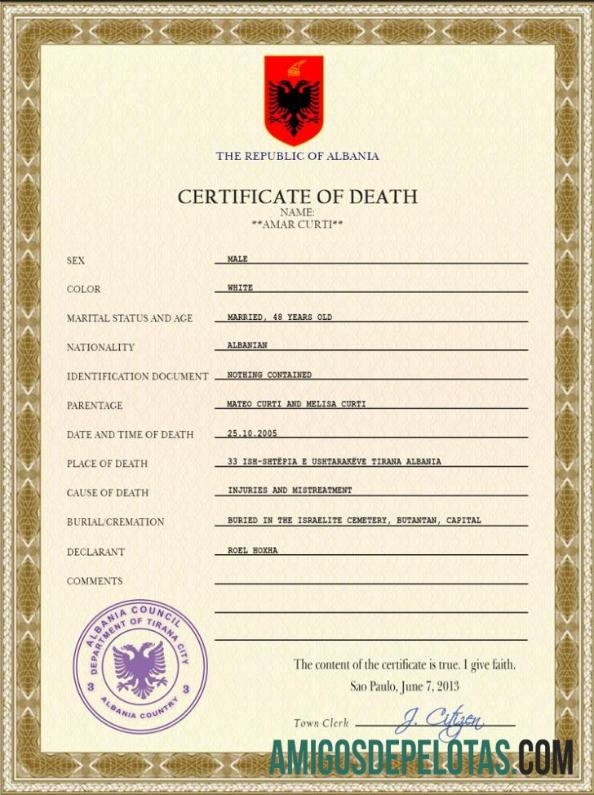 Certidão de Óbito da Albânia PSD amostra