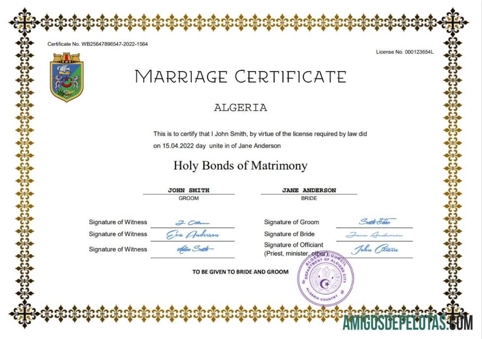 Em branco modelo Word e PDF de certidão de casamento da Argélia