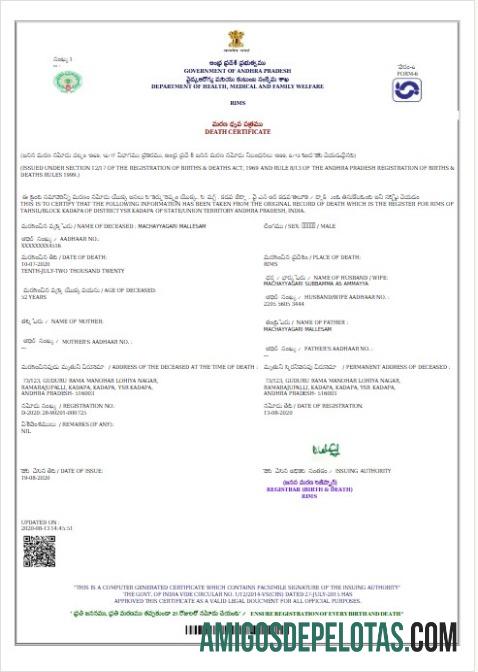 Certidão de óbito do Departamento de Saúde, Medicina e Bem-Estar Familiar de Andorra modelo