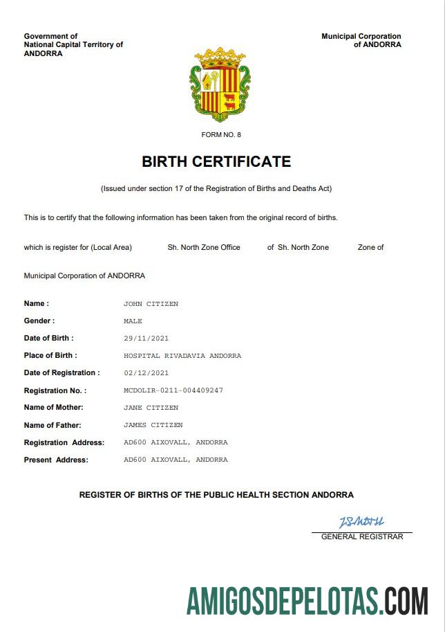 para download Modelo Word e PDF de certidão de nascimento de registro vital de Andorra