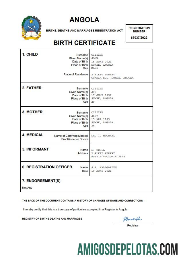 para download Modelo Word e PDF de certidão de nascimento de registro vital de Angola