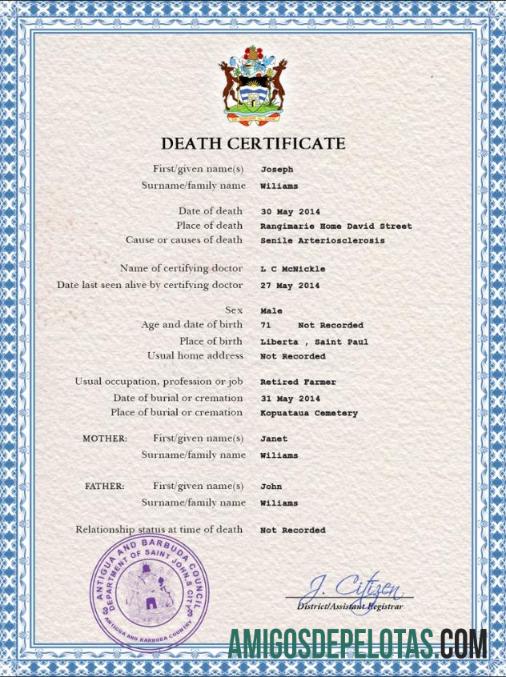 Em branco modelo PSD de certidão de óbito de registro vital de Antígua e Barbuda