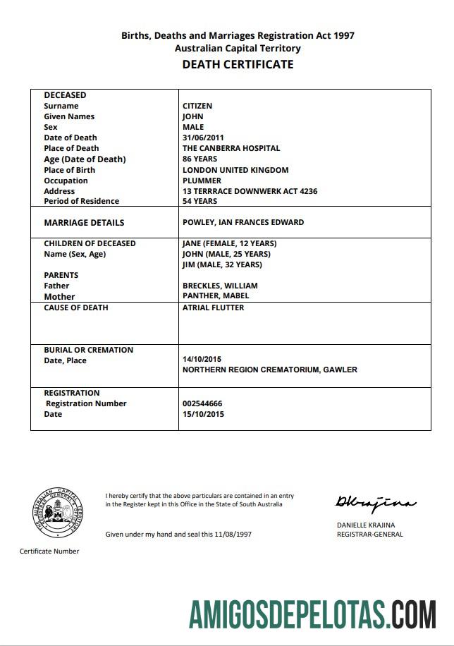 Imprimível modelo de certidão de óbito do Território da Capital Australiana da Austrália no Word