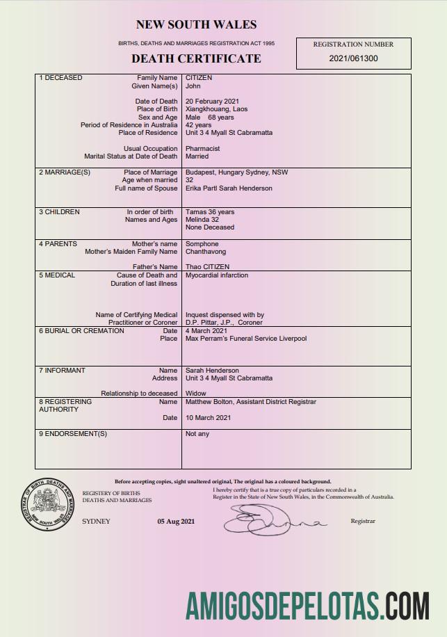 para download Modelo de certidão de óbito da Austrália Nova Gales do Sul em formato Word e PDF
