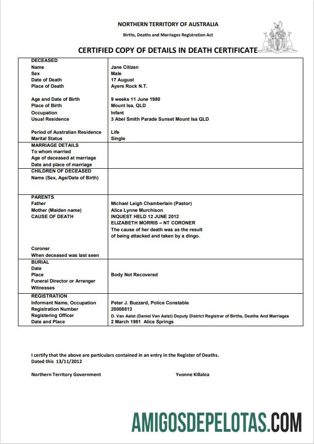 para download Modelo de certidão de óbito da Austrália, Território do Norte da Austrália em formato Word