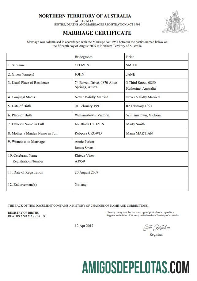 para download Modelo de certidão de casamento do Território do Norte da Austrália no Word