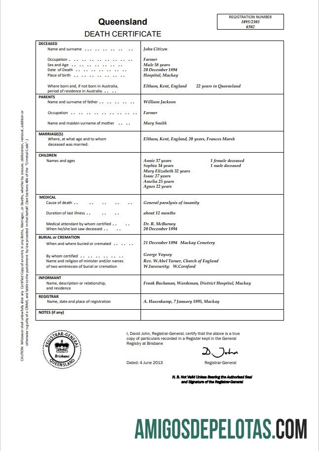 para download Modelo de certidão de óbito da Austrália Queensland no Word