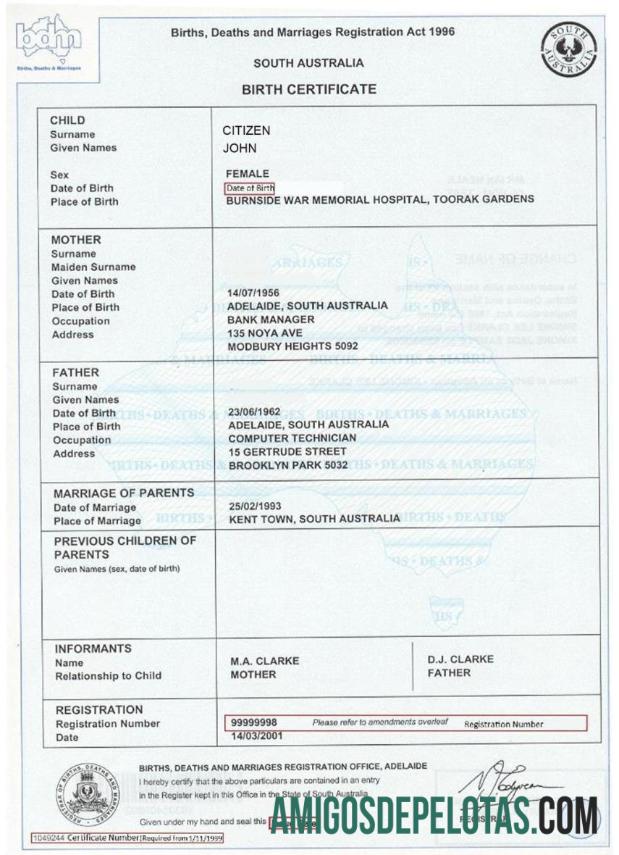 Certidão de nascimento da Austrália do Sul da Austrália exemplo real