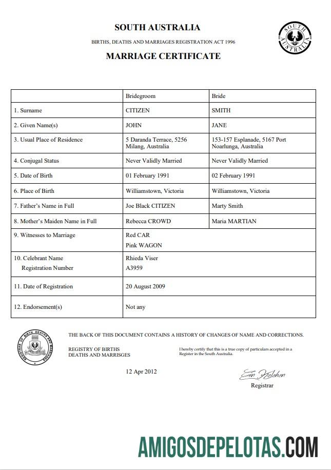 para download Modelo de certidão de casamento da Austrália do Sul da Austrália no Word