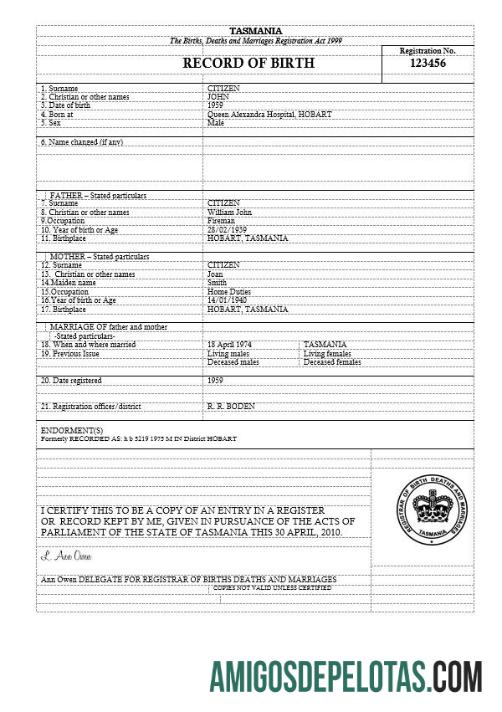 Em branco modelo de certidão de nascimento da Austrália Tasmânia em formato Word