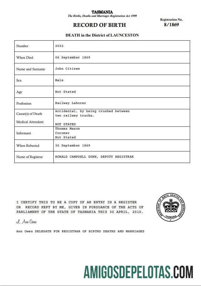 para download Modelo de certidão de óbito da Austrália Tasmânia no Word