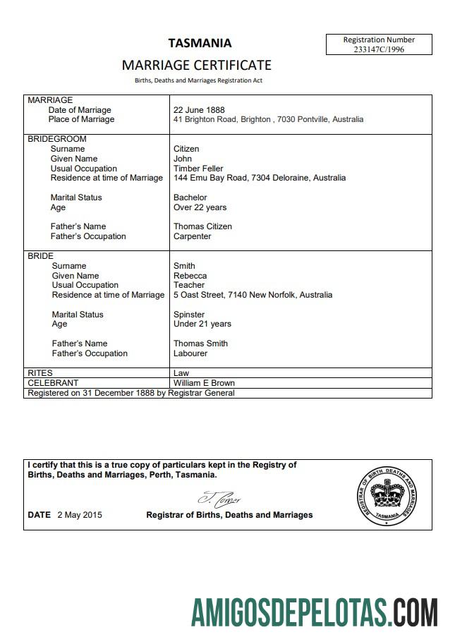 para download Modelo de certidão de casamento da Austrália Tasmânia no Word