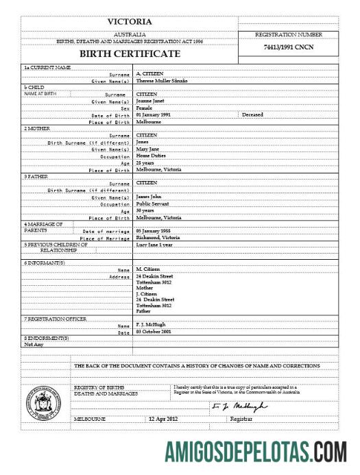 Imprimível modelo de certidão de nascimento Victoria da Austrália em formato Word, versão 2