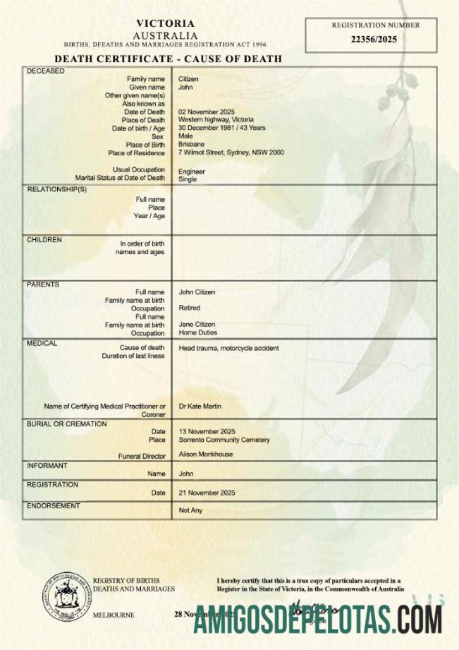 para download Modelo PSD de certidão de óbito de Victoria na Austrália