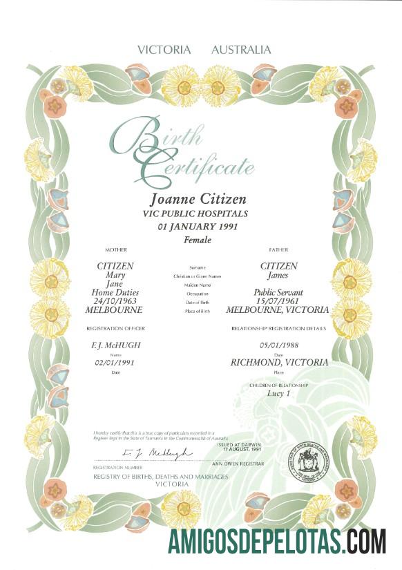 para download Modelo de certidão de nascimento decorativa (comemorativa) do estado de Victoria da Austrália em PSD