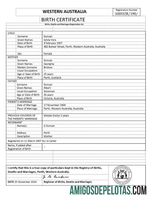 Imprimível modelo de certidão de nascimento da Austrália Ocidental em formato Word, versão 1