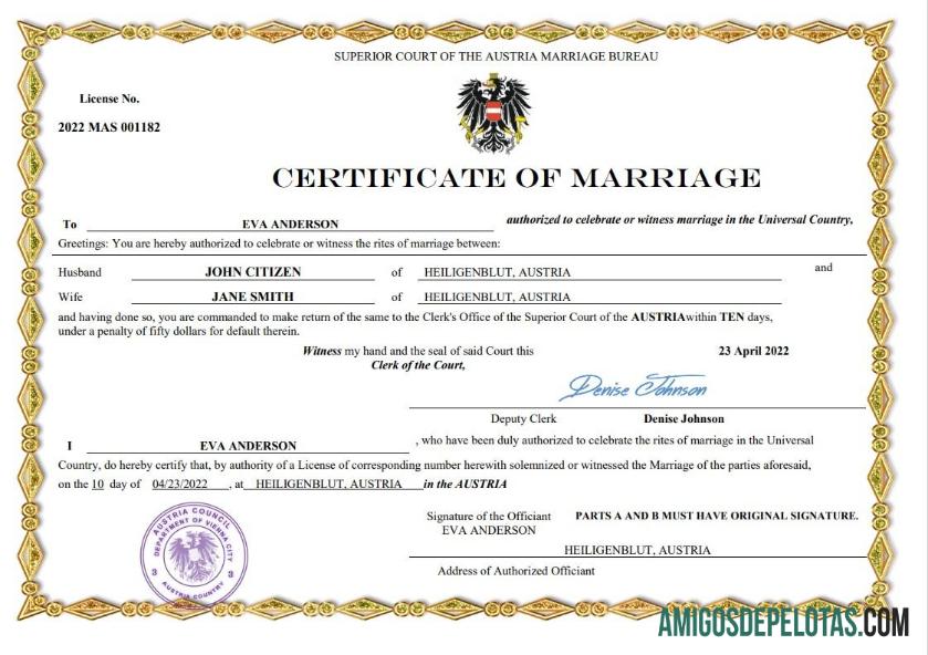 Em branco modelo Word e PDF de certidão de casamento na Áustria,