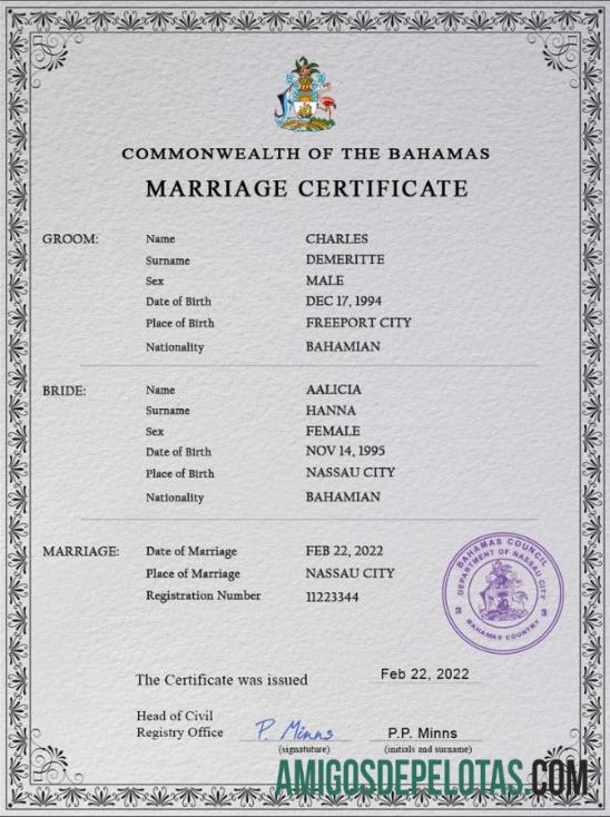 para download Modelo PSD de certidão de casamento das Bahamas