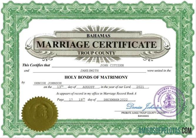 para download Modelo Word e PDF de certidão de casamento das Bahamas