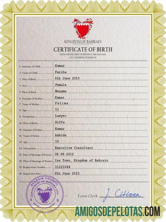 para download Modelo PSD de certidão de nascimento de registro vital do Bahrein
