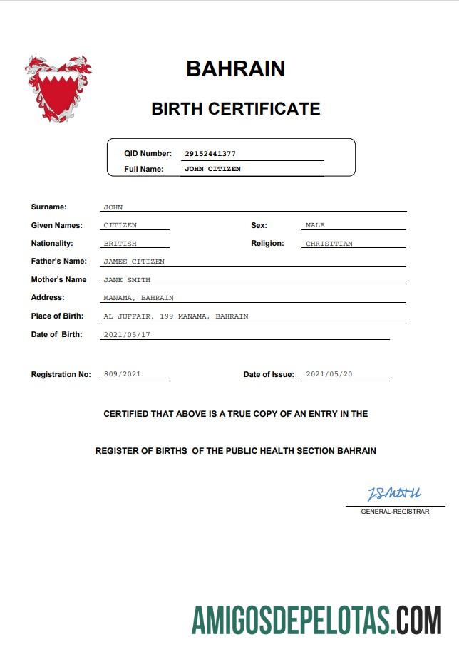 Palavra e PDF da certidão de nascimento do registro vital do Bahrein exemplo