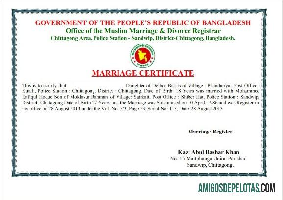 Certidão de casamento do Escritório do Registro de Casamento Muçulmano e Divórcio de Bangladesh exemplo