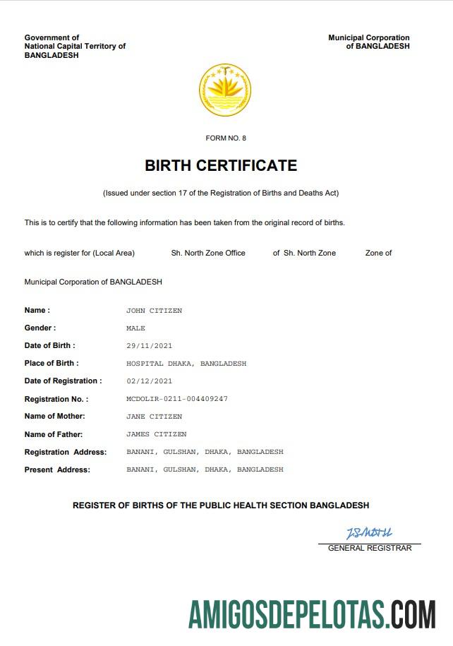 Imprimível modelo Word e PDF de certidão de nascimento de registro vital de Bangladesh
