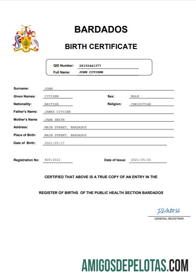 para download Modelo de certidão de nascimento de Barbados em Word e PDF