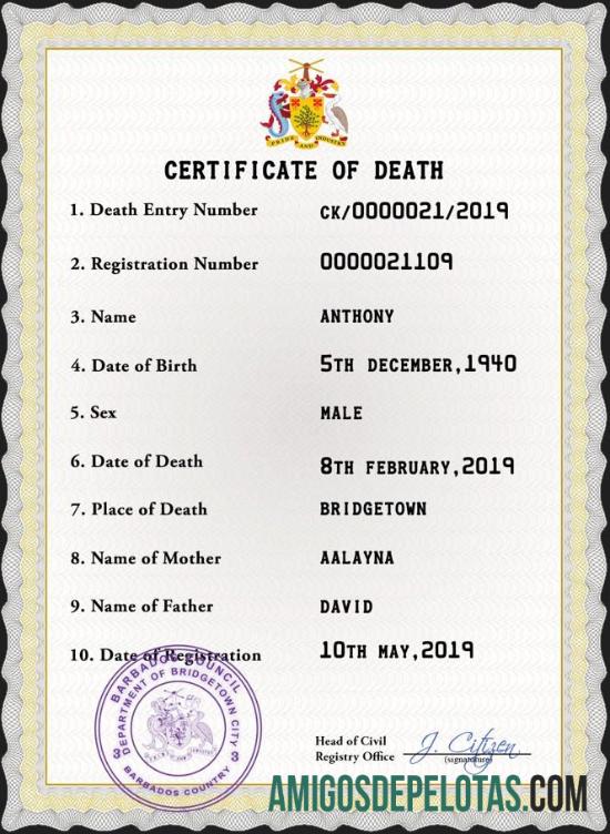 Imprimível modelo PSD de certidão de óbito de Barbados