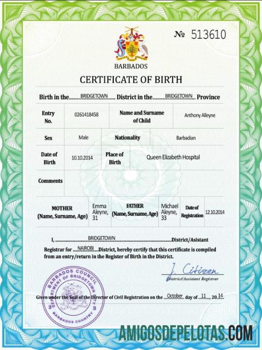 Em branco modelo PSD de certidão de nascimento de registro vital de Barbados