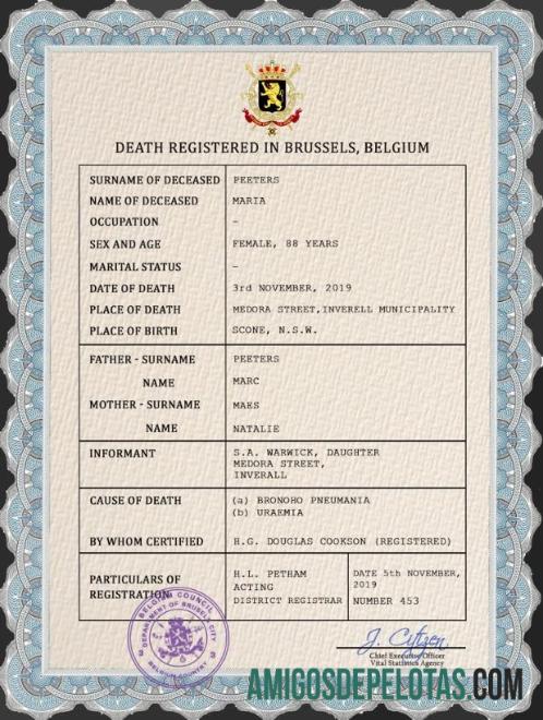 Imprimível modelo PSD de certidão de óbito de registro vital da Bélgica