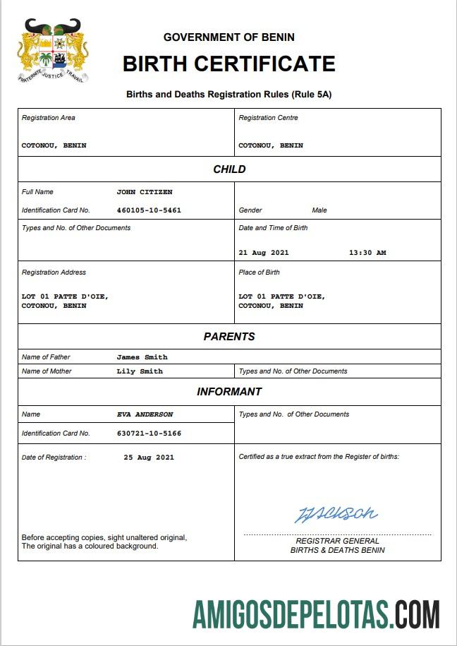 para download Modelo Word e PDF de certidão de nascimento de Benin