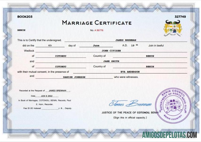 Imprimível modelo Word e PDF de certidão de casamento do Benin