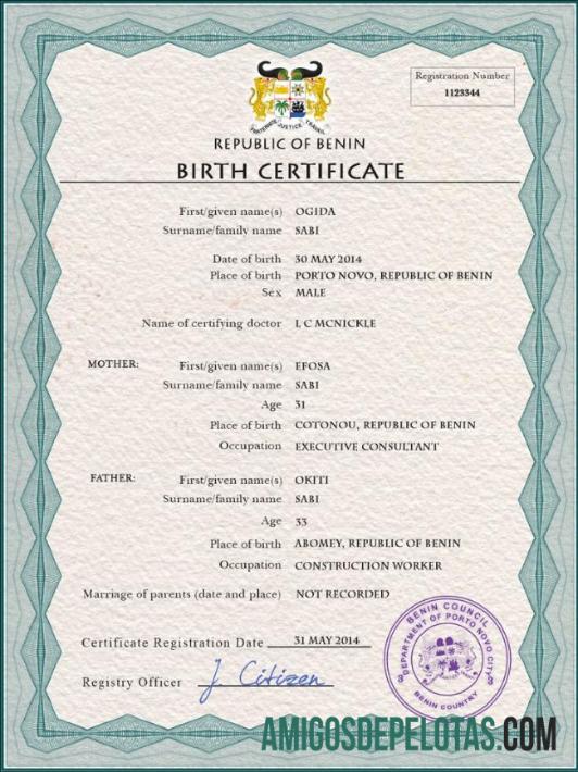 realista Modelo PSD de certidão de nascimento de registro vital de Benin