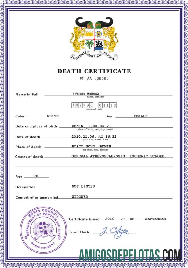 Imprimível modelo PSD de certidão de óbito de registro vital de Benin