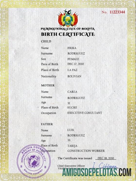 realista Modelo PSD de certidão de nascimento de registro vital da Bolívia