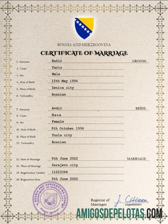 para download Modelo PSD de certidão de casamento da Bósnia e Herzegovina,