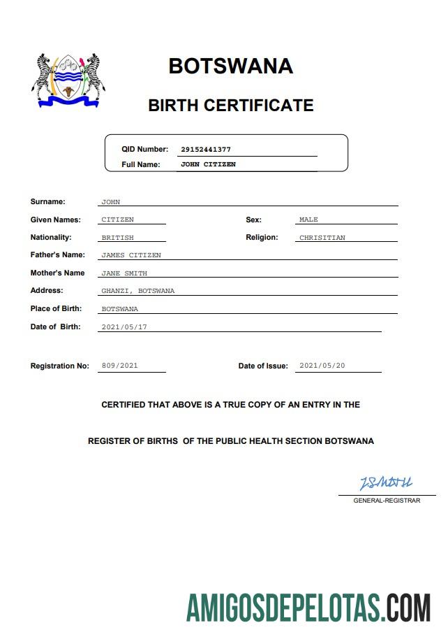para download Modelo Word e PDF de certidão de nascimento de Botsuana