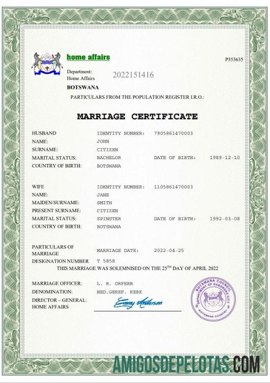para download Modelo Word e PDF de certidão de casamento em Botsuana