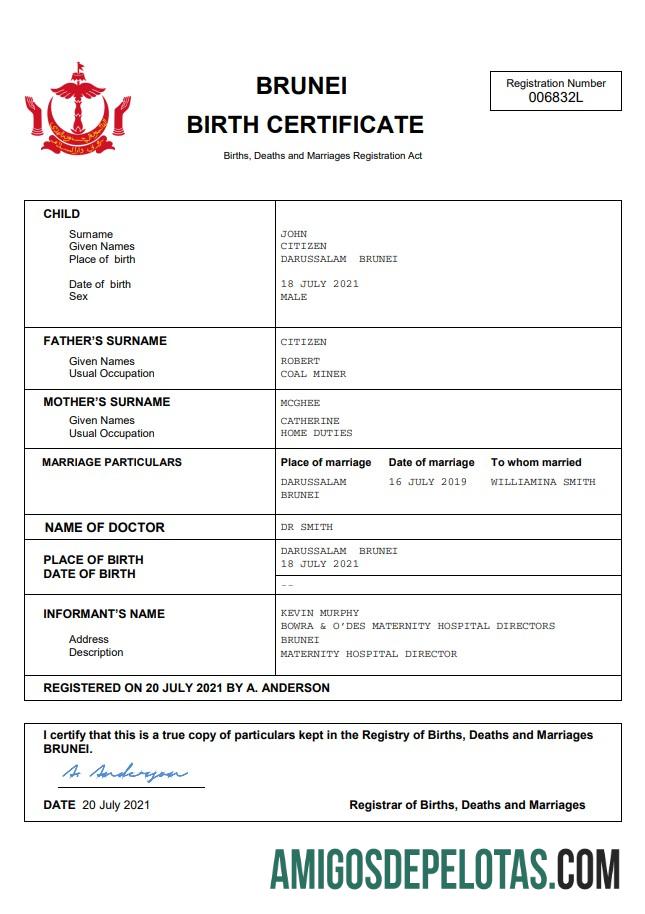 Em branco modelo Word e PDF de certidão de nascimento de registro vital de Brunei