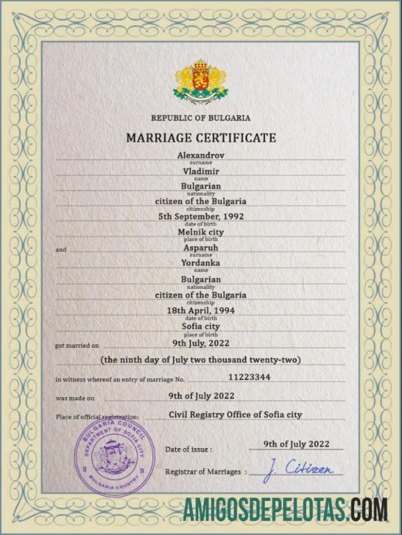 realista Modelo PSD de certidão de casamento da Bulgária,