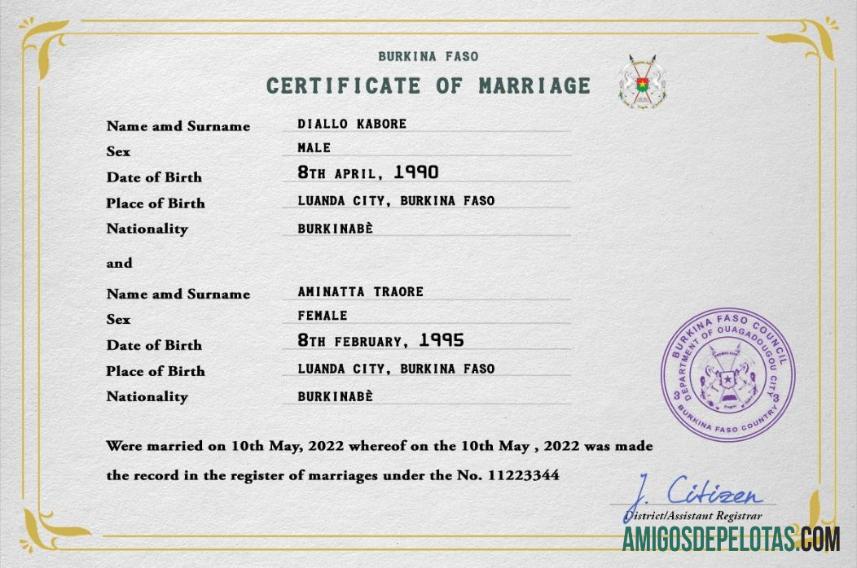 Imprimível modelo PSD de certidão de casamento de Burkina Faso