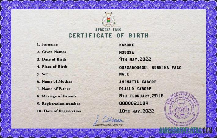 Em branco modelo PSD de certidão de nascimento de registro vital de Burkina Faso
