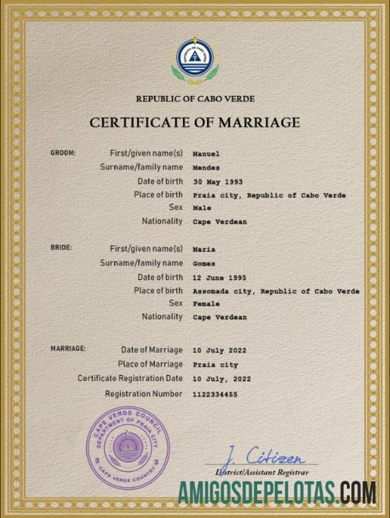 Imprimível modelo PSD de certidão de casamento de Cabo Verde